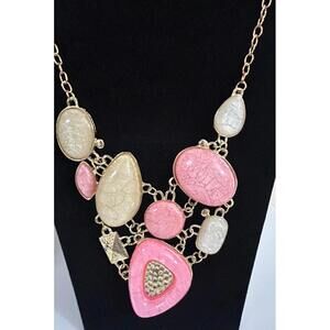 Pink & Ivory Faux Stone Statement Necklace Gold Tone 22”